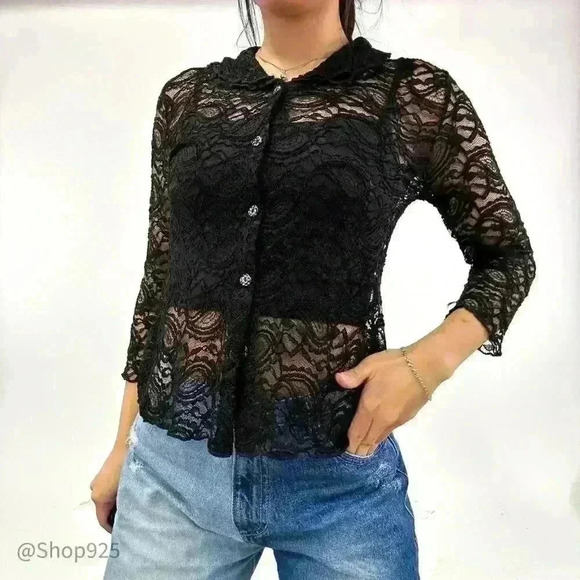 Women's  Long Sleeve Lace Black Blouse - Picture 1 of 5
